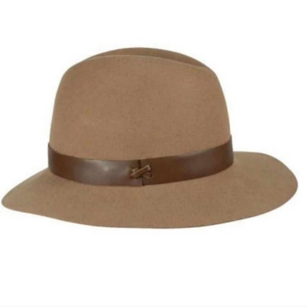 HAT ATTACK fedora tan wool hat with brown leather strap detail